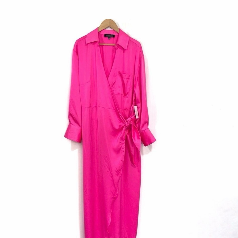 Eloquii Pink Satin Long Sleeve Wrap Maxi Dress 18 - Picture 2 of 4